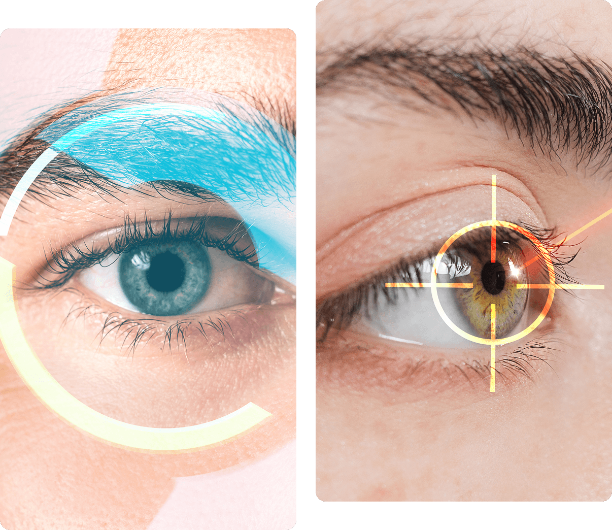 Close-up of two human eyes. Left eye has a blue circular graphic overlay; right eye has an orange crosshair overlay.
