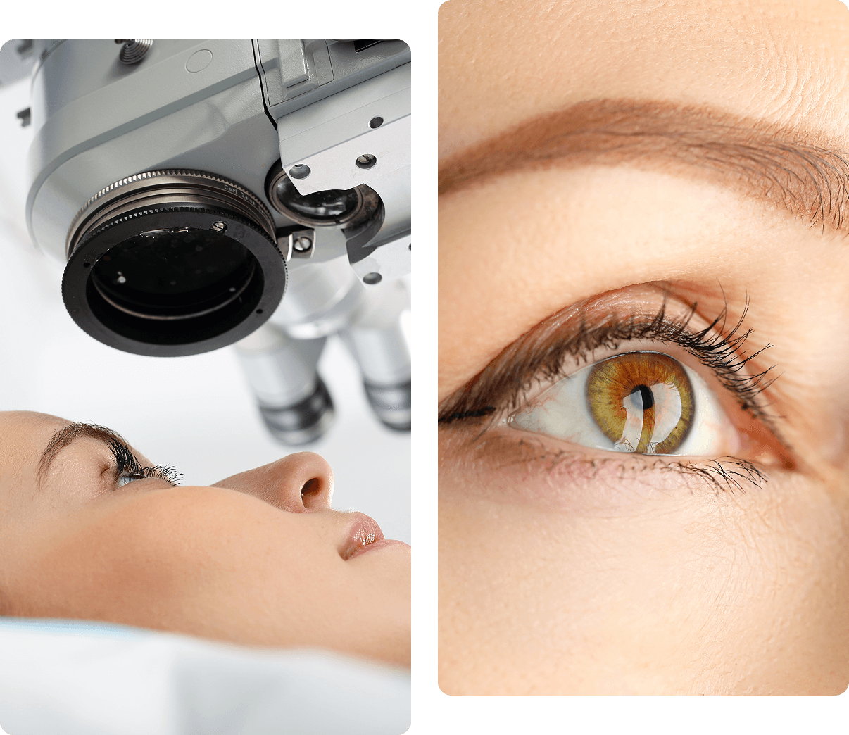 Close-up of a woman undergoing an eye examination with a medical device and a detailed view of her eye.