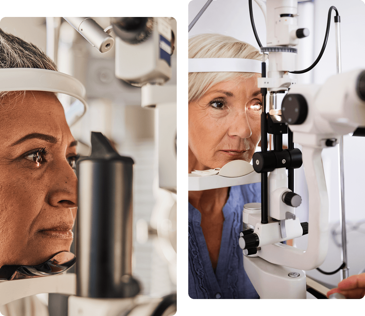 Two individuals, each undergoing an eye examination with slit lamp machines, are shown in split-screen. The left person is seen in close-up, while the right person focuses through the apparatus.