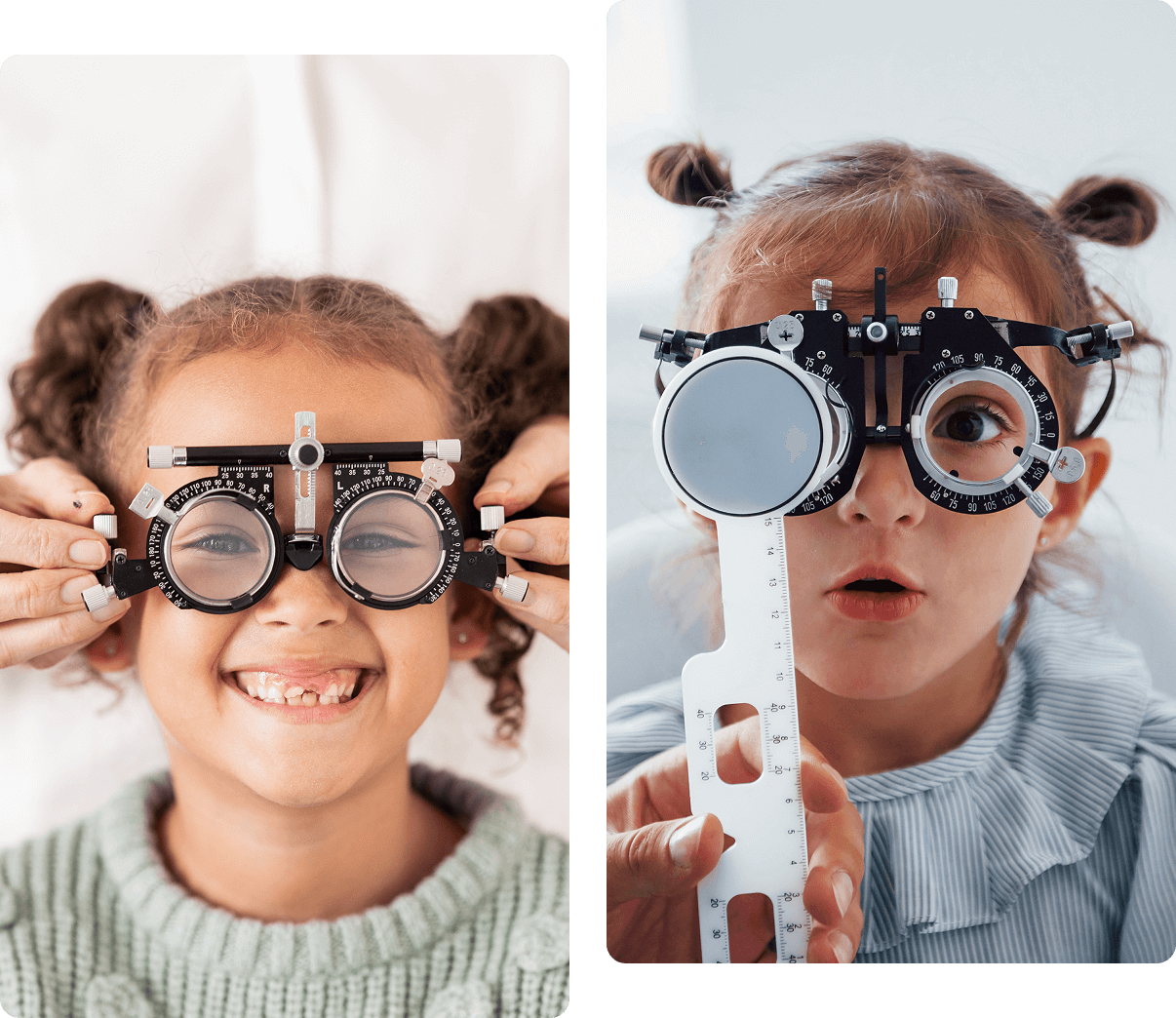 Two children undergoing eye exams with adjustable trial frames. The first child smiles, while the second child looks through a lens with a measurement tool nearby.