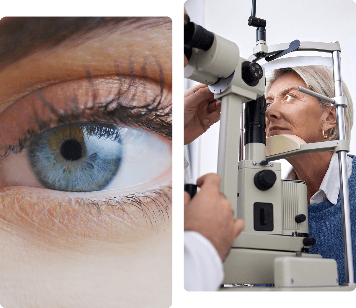 Close-up of a blue eye on the left; a person undergoing an eye examination with an optometrist on the right.