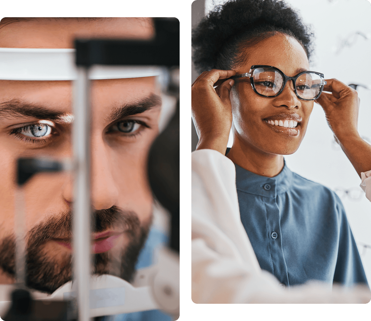 Close-up of a man having an eye exam on the left and a woman trying on glasses with the help of an optician on the right.