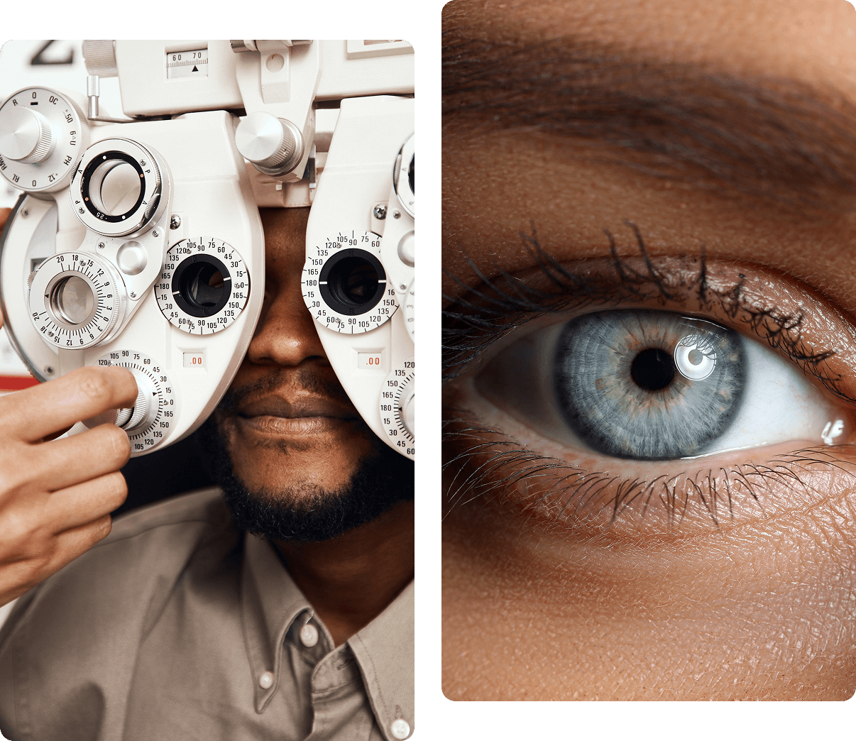 Left: Person using an eye examination device. Right: Close-up of a blue eye.